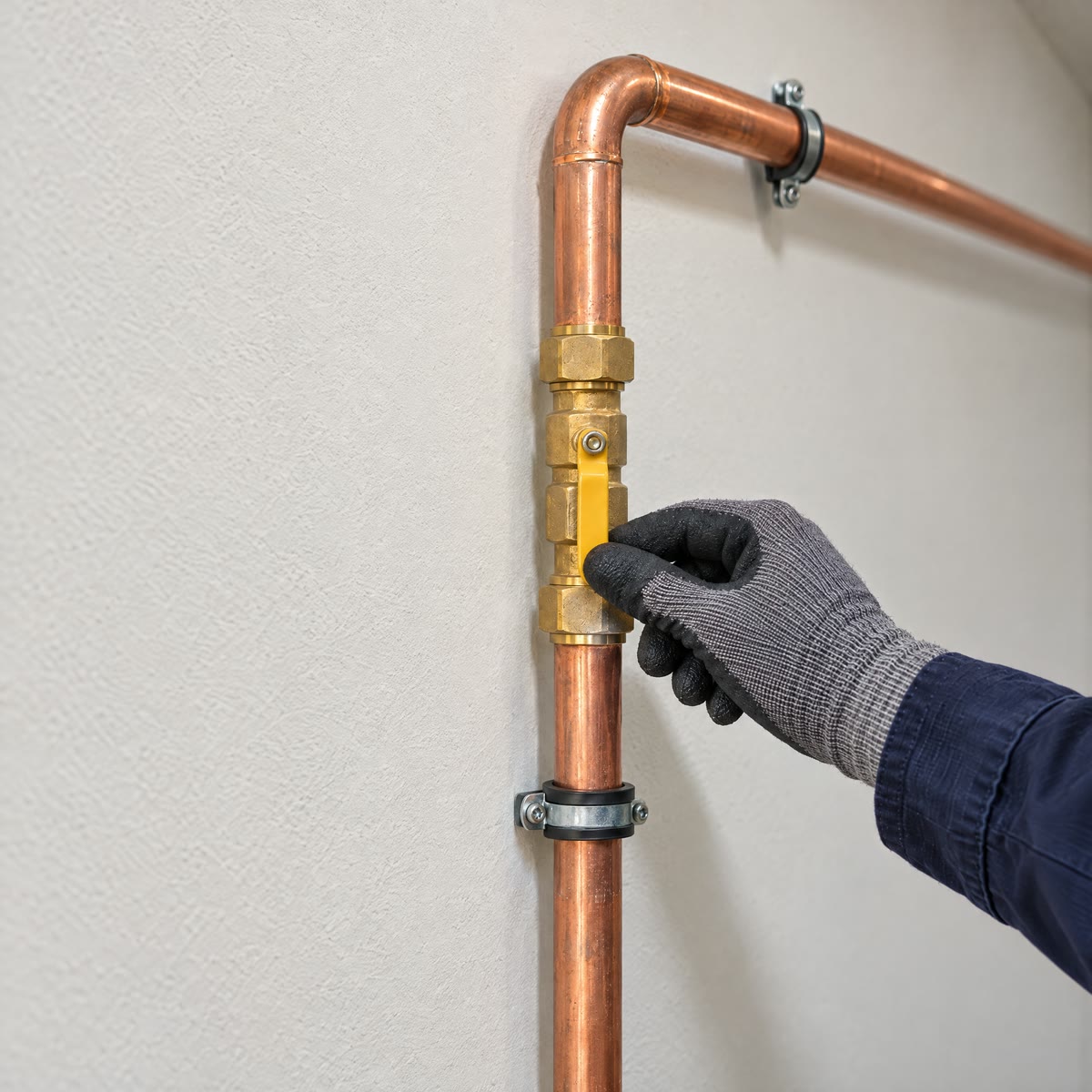 Hand im Arbeitshandschuh am gelben Hebel des Gashahns einer neuen Gasleitung aus Kupfer an der Wand