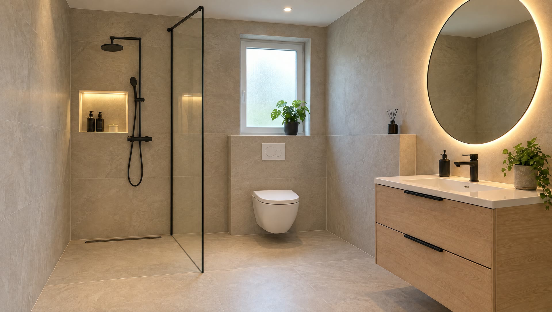 Bad mit bodengleicher Dusche, Wand-WC und Waschtisch