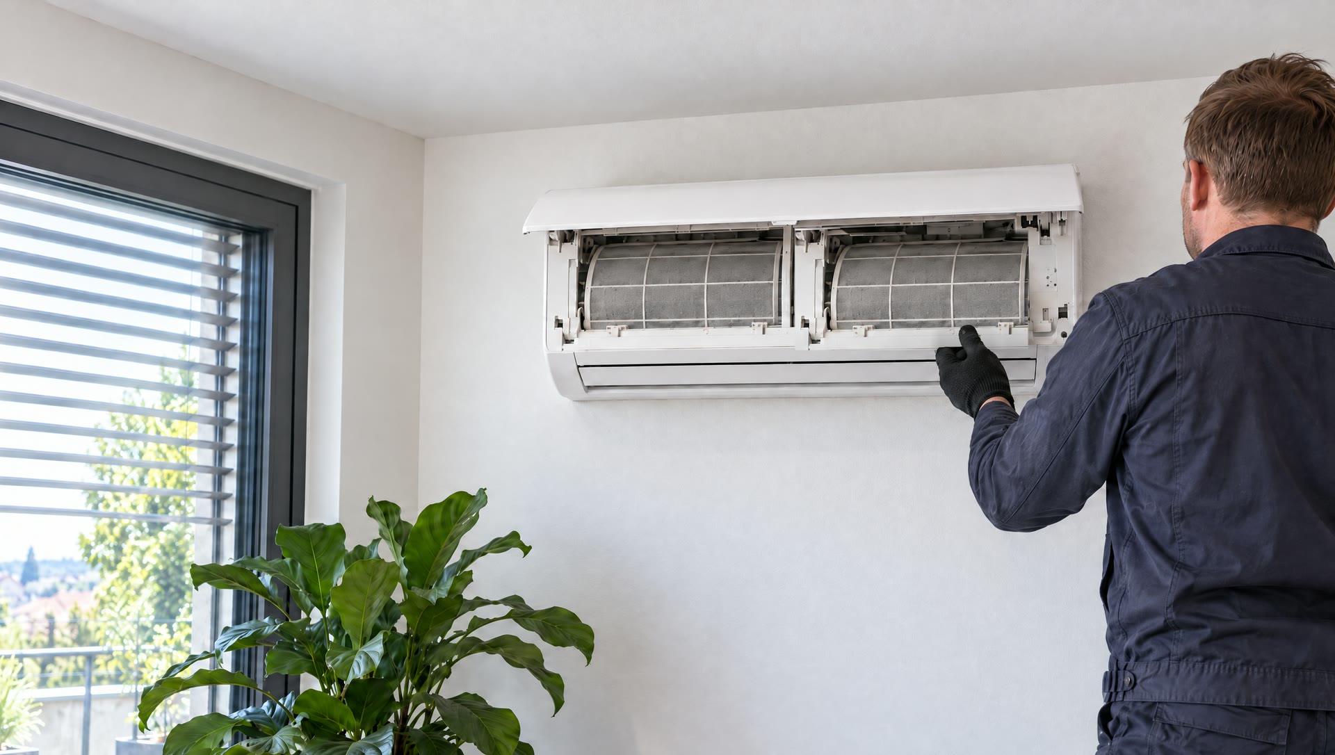 Installateur, von hinten gesehen, am geöffneten Innengerät einer Klimaanlage