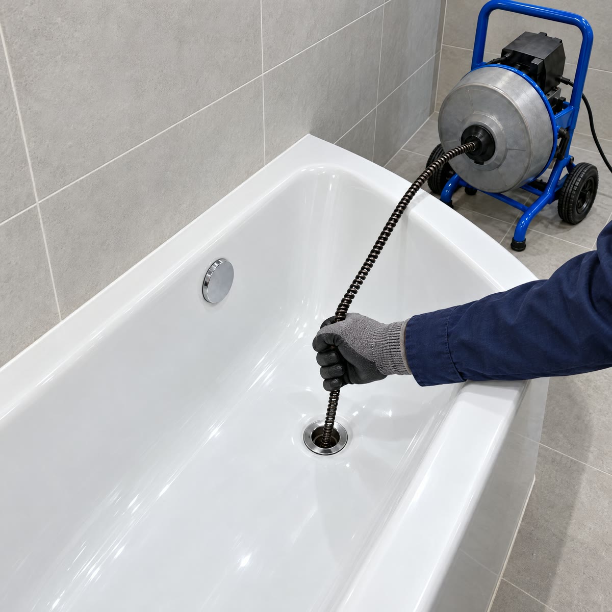 Installateur führt die Spirale einer Rohrreinigungsmaschine in den Abfluss einer Badewanne, die Maschine steht daneben