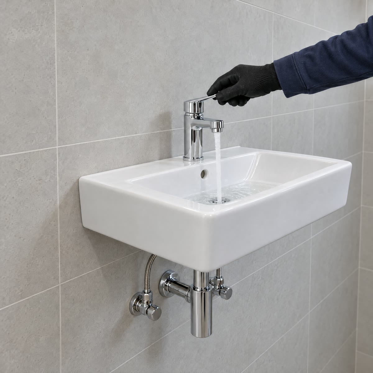 Hand im Arbeitshandschuh an der Armatur eines Waschbeckens an der gefliesten Wand, darunter Eckventile und Siphon