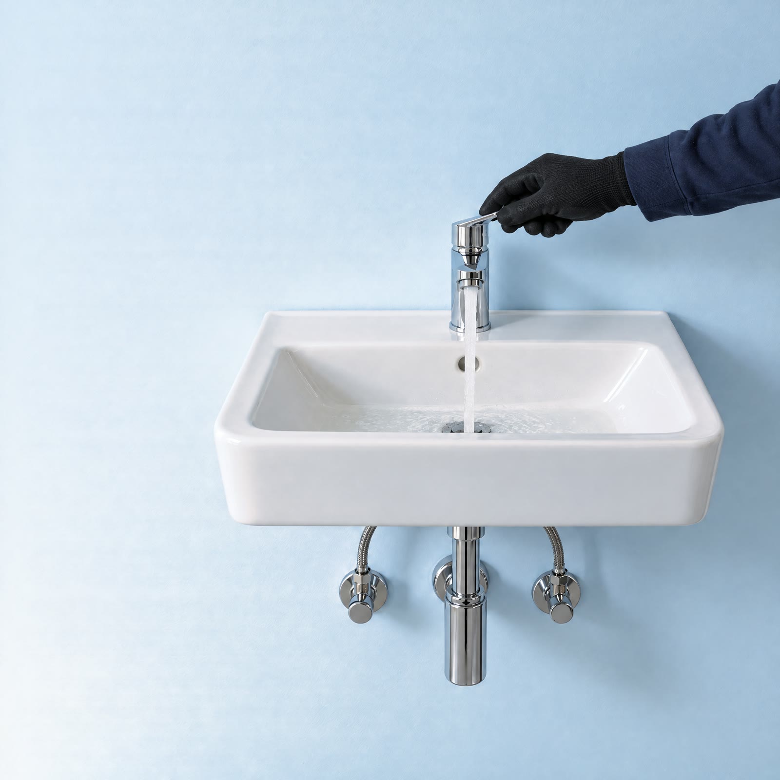 Hand im Arbeitshandschuh hebt den Hebel einer neuen Armatur an einem Waschbecken, darunter Eckventile mit Anschlussschläuchen